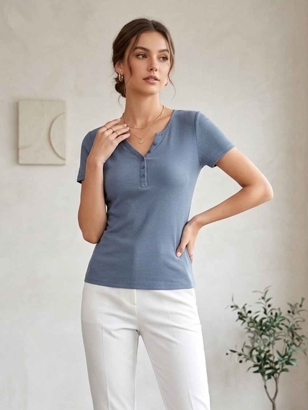 Active USA Blue Short Sleeve Ribbed Henley Top